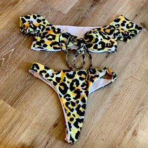 Yellow leopard off the shoulder thong bikini